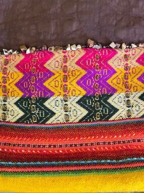 Handmade Bolivian Multicolor Woven Shoulder Bag with Wooden Bead Straps